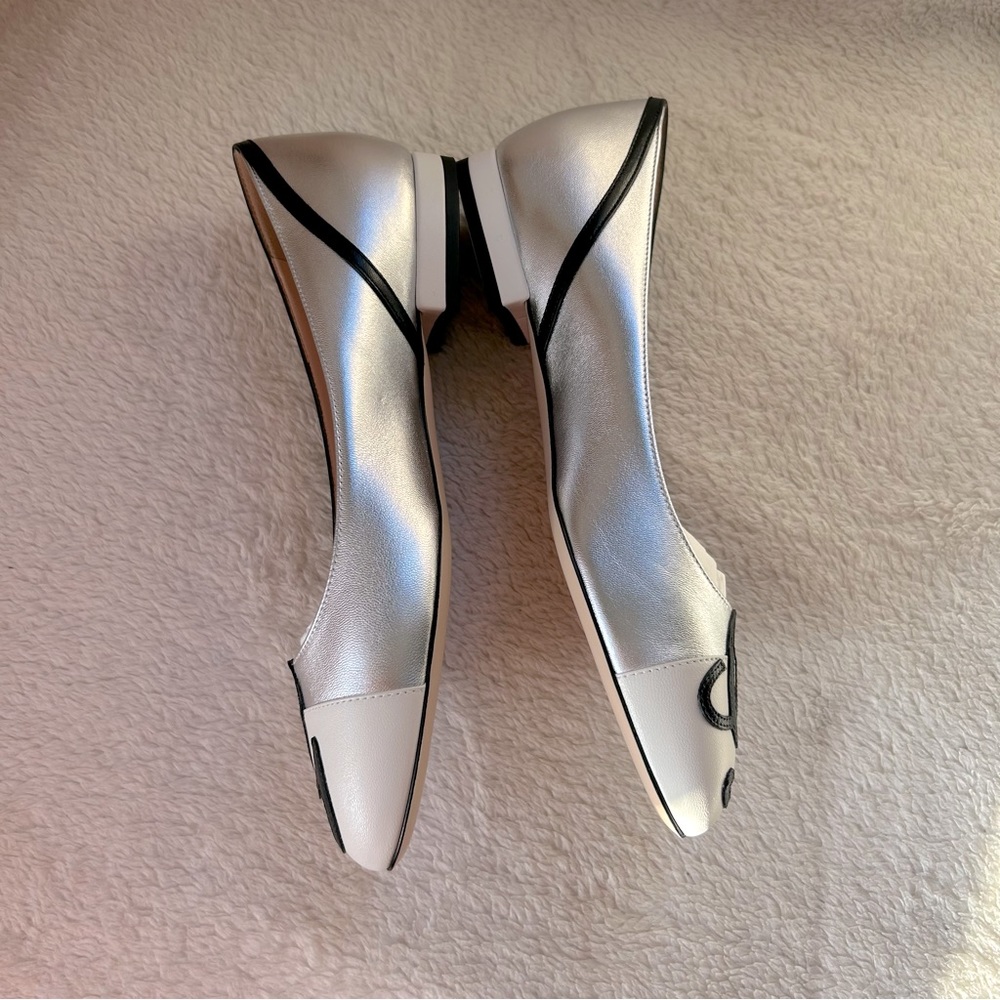 NIB Authentic Gucci Malaga Kid 2-tone Leather Pump Flats Silver White 37 - Picture 3 of 9